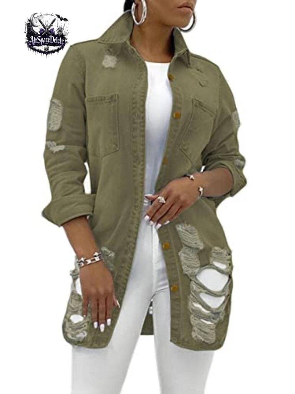 SeNight Camo Denim Jacket Frayed Hem Distressed Trucker Coat